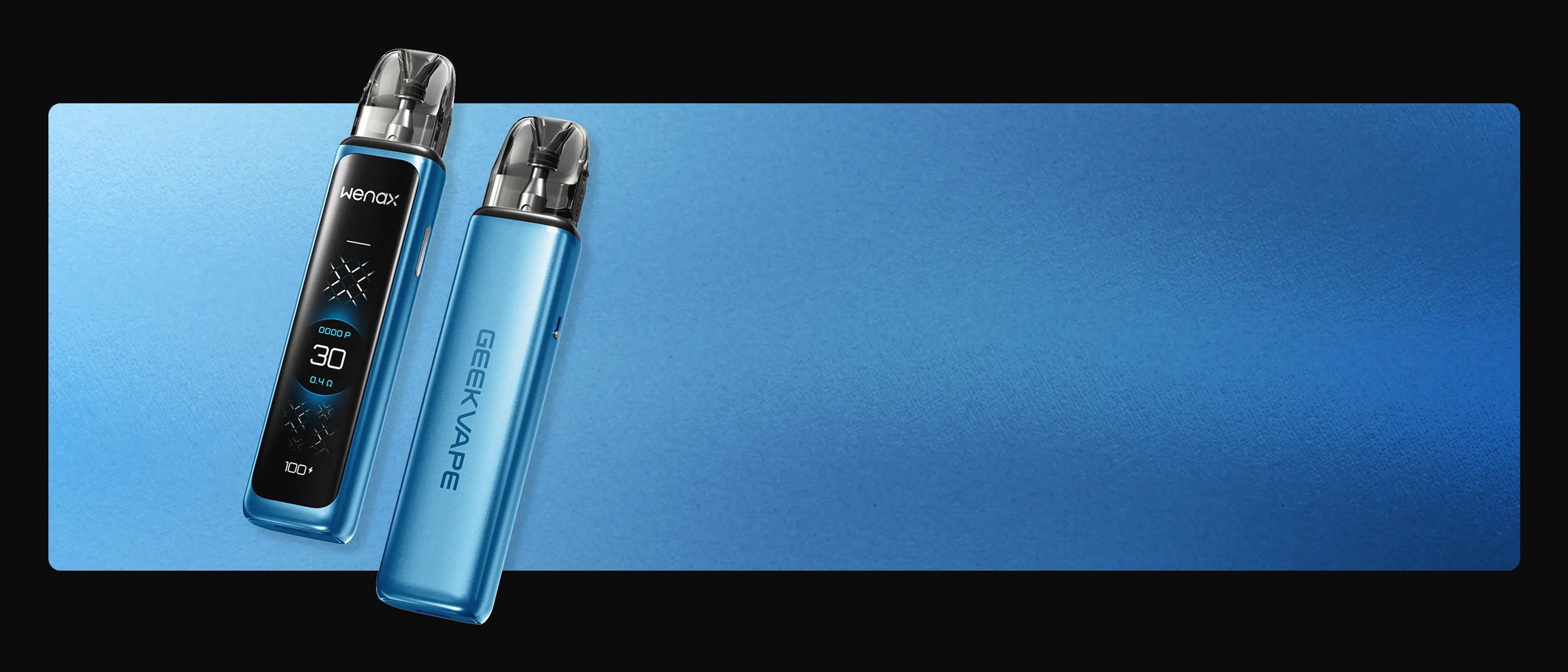 Two blue Geekvape vape devices on a gradient blue background