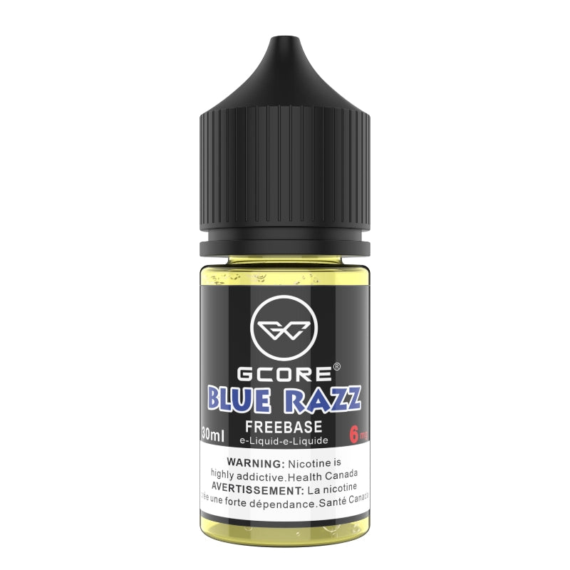 Gcore Blue Razz e-liquid bottle on a white background