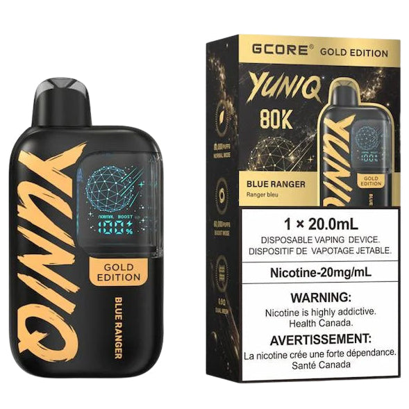 A G-Core Yuniq 80K disposable vaping device in Blue Ranger Gold Edition next to its retail packaging box, shown on a plain white background.