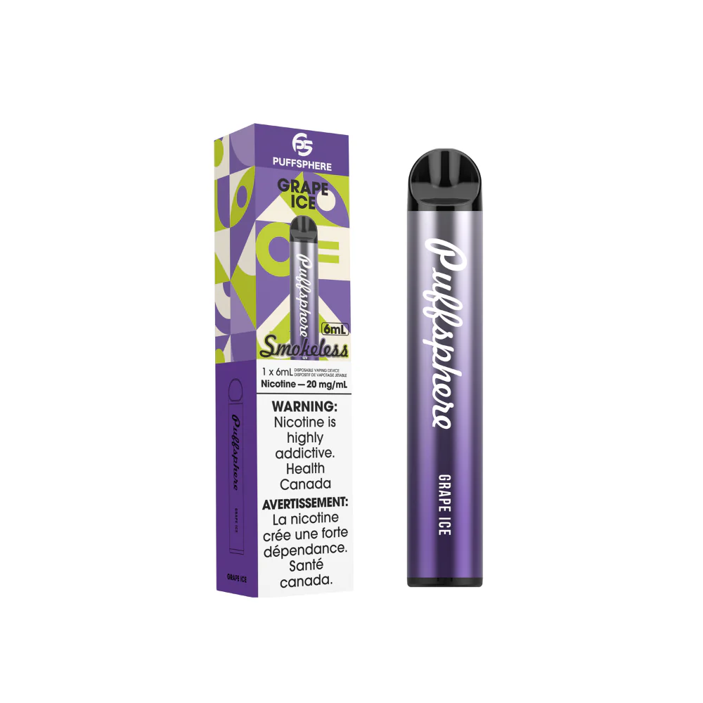 Puffsphere Grape Ice vape pen and packaging on a white background