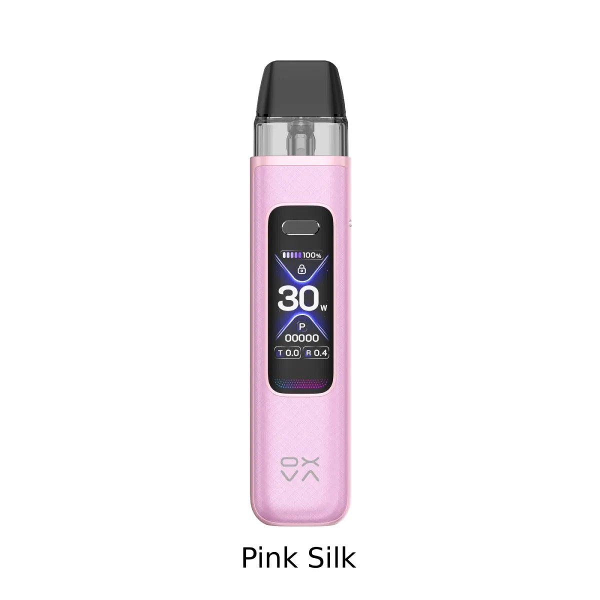OXVA pink silk vape device with digital display on a white background