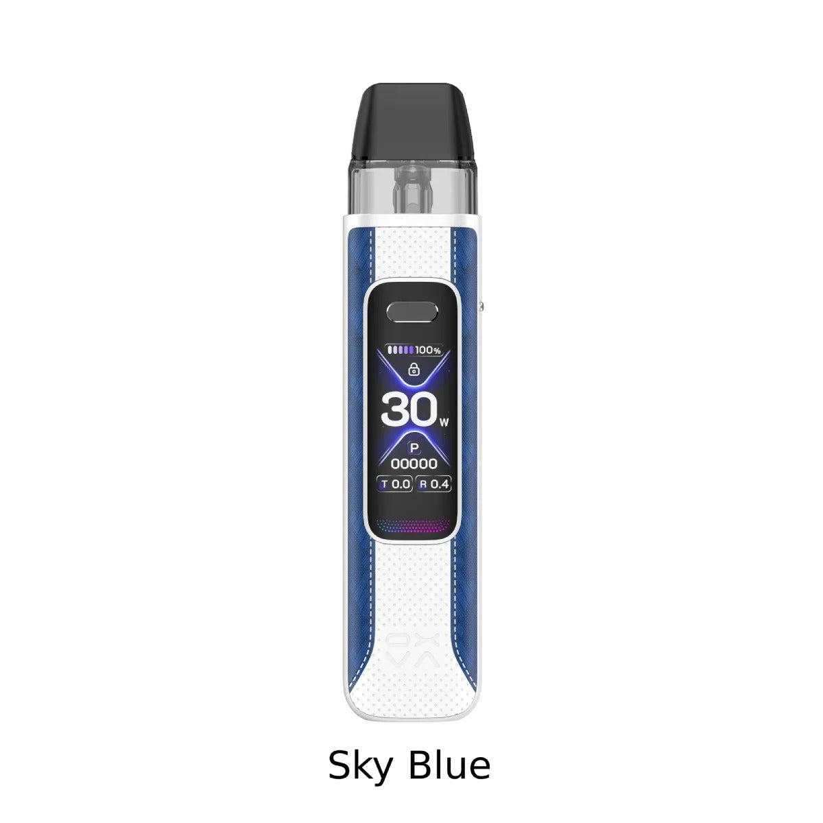 Vape device with digital display on a white background, labeled 'Sky Blue'.