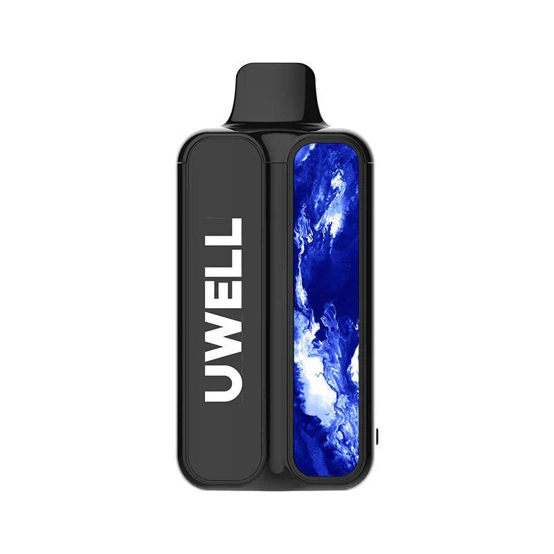 Uwell vaping device with blue design on a white background
