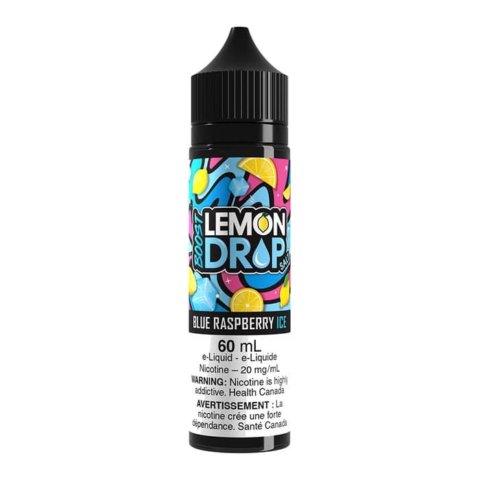 Black 60ml bottle with blue and pink Lemon Drop Boost branding