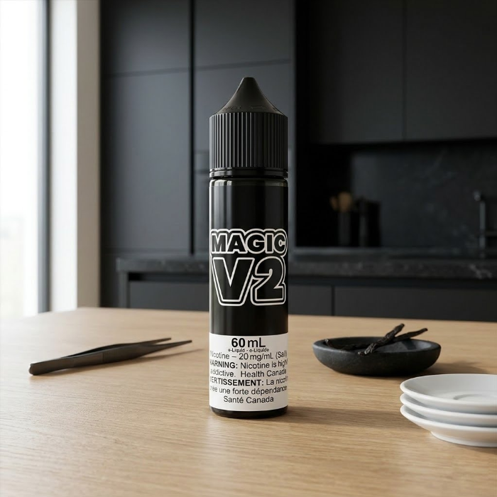 Black vape juice bottle labeled 'MAGIC V2' on a wooden table with kitchen background