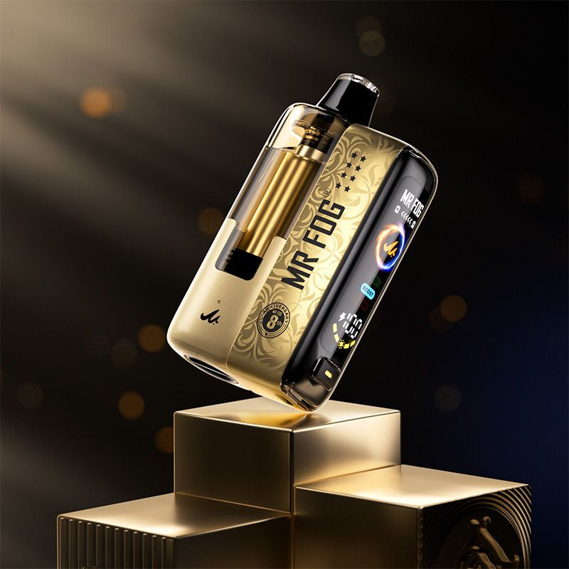 Gold and black vape device on a dark background
