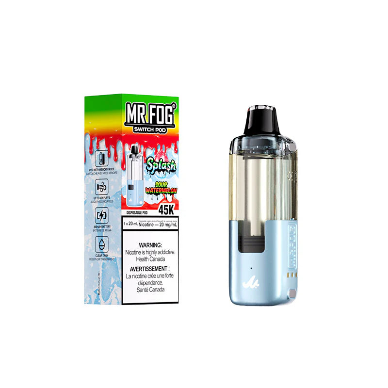 Vape device and packaging with 'MR. FOG' branding on a white background