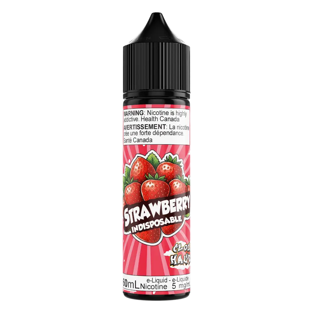 Strawberry Vape Juice Bottle with red label on transparent background