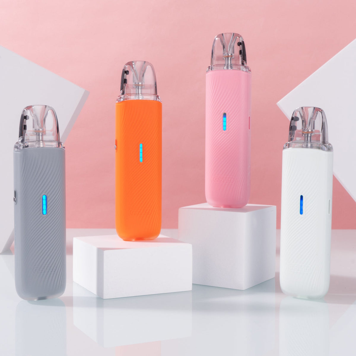 Four electronic devices on white and pink geometric backgrounds with 'UWELL' branding.